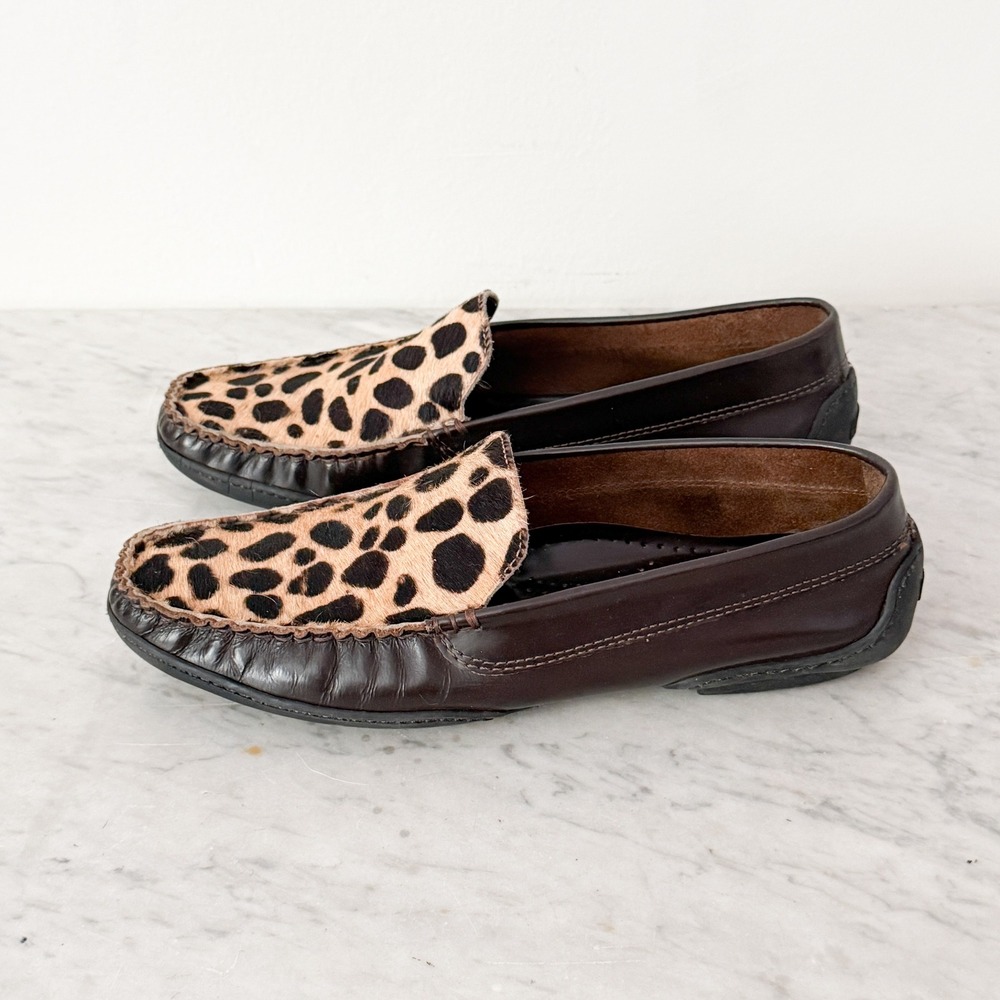 Kenneth Cole Reaction Loafers Leopard Calf Hair Driving Shoes 10 Brown Leather